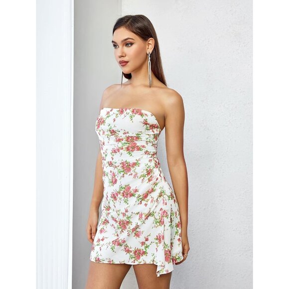 Women's Floral Strapless Mini Dress Y2K Cocktail Party Going Out Sexy - Picture 6 of 6